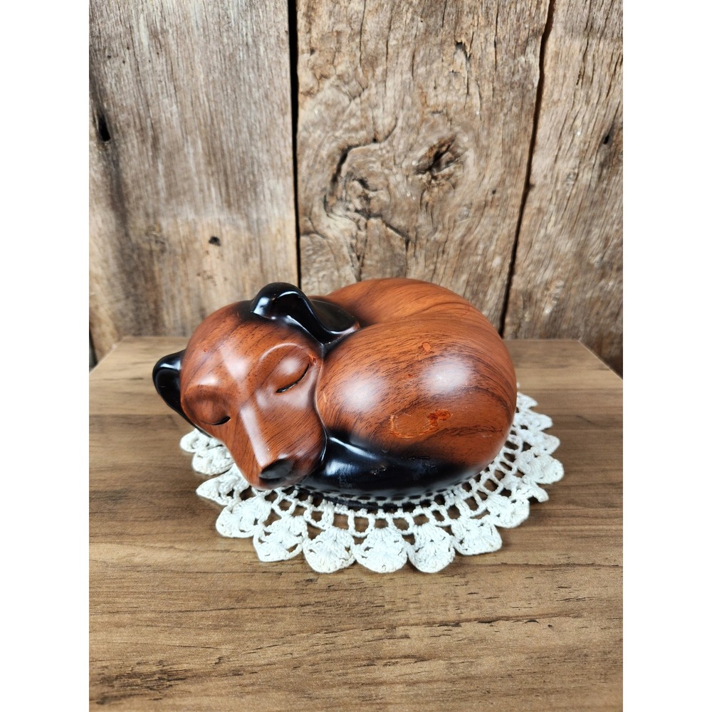 Sleeping Dog Pet Urn Memorial Statue Wood Grain Finish Curled Canine Figurine